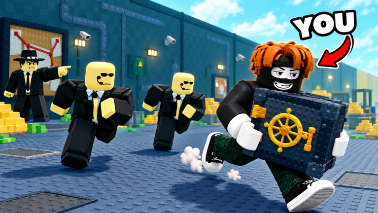 A player in Steal From The Rich! carries a safe out of a vault while guards give chase
